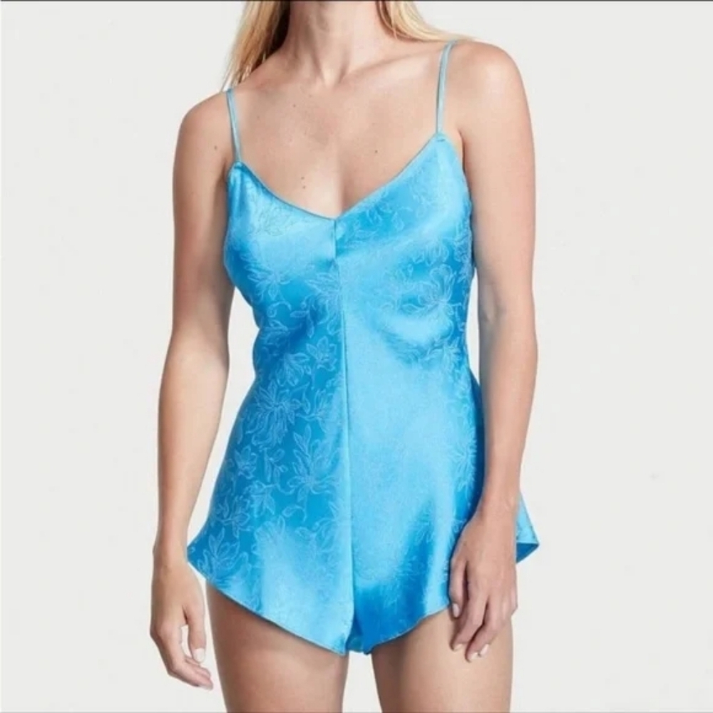 Victorias Secret Satin Blue Romper Floral L